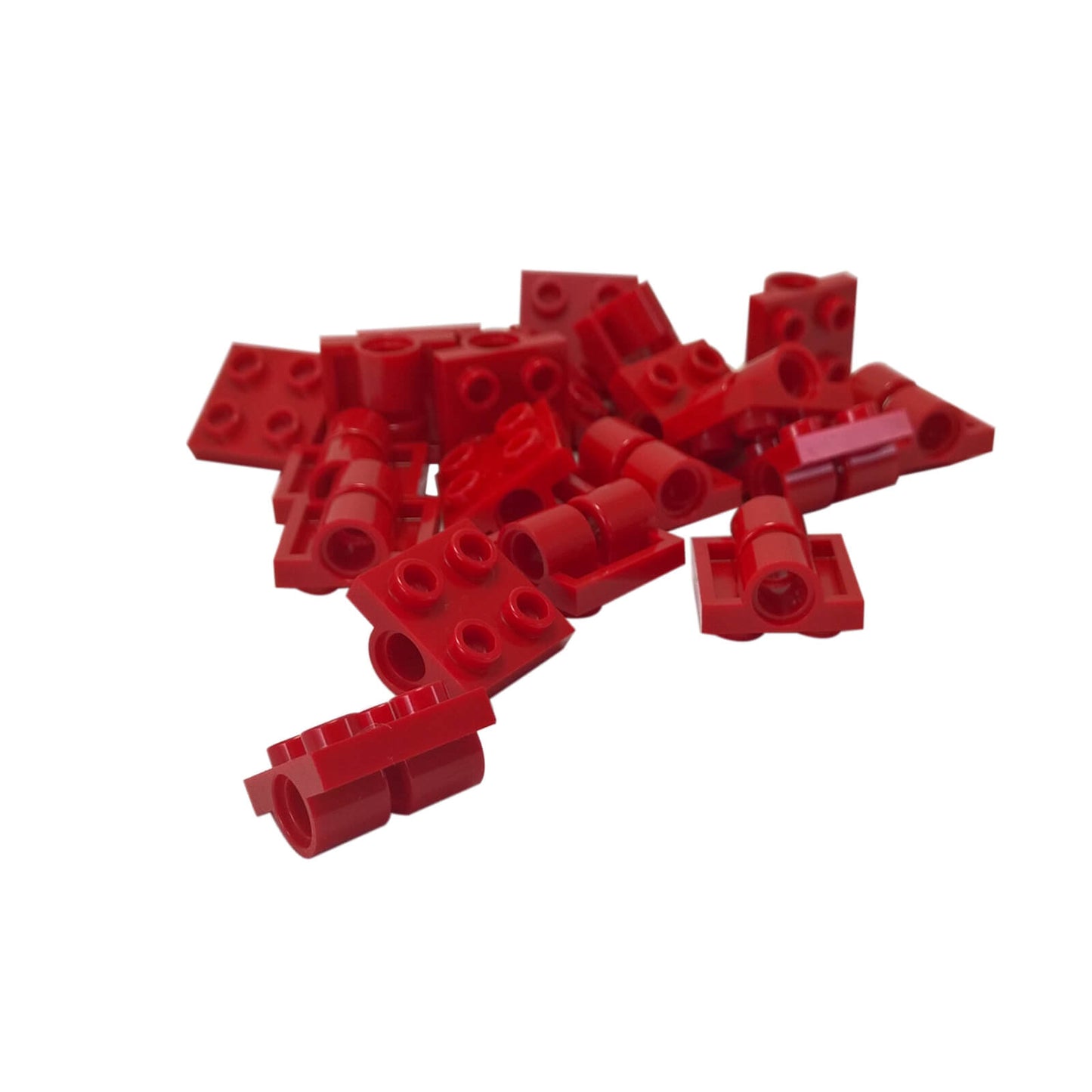LEGO® modified plate 2 x 2 with pin holes (part 2817) in red used for Technic connections, structural support, and advanced building techniques
