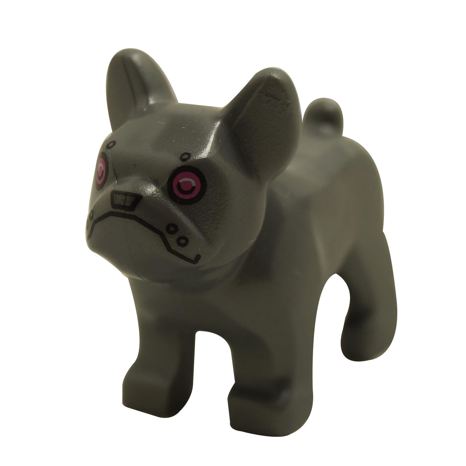 LEGO® Friends robot French Bulldog figure in flat silver with dark pink eyes and printed facial details, front angle view