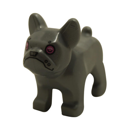 LEGO® Friends robot French Bulldog figure in flat silver with dark pink eyes and printed facial details, front angle view