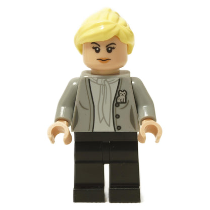 LEGO Angela Martin minifigure, blonde hair, grey cardigan, cat print, front
