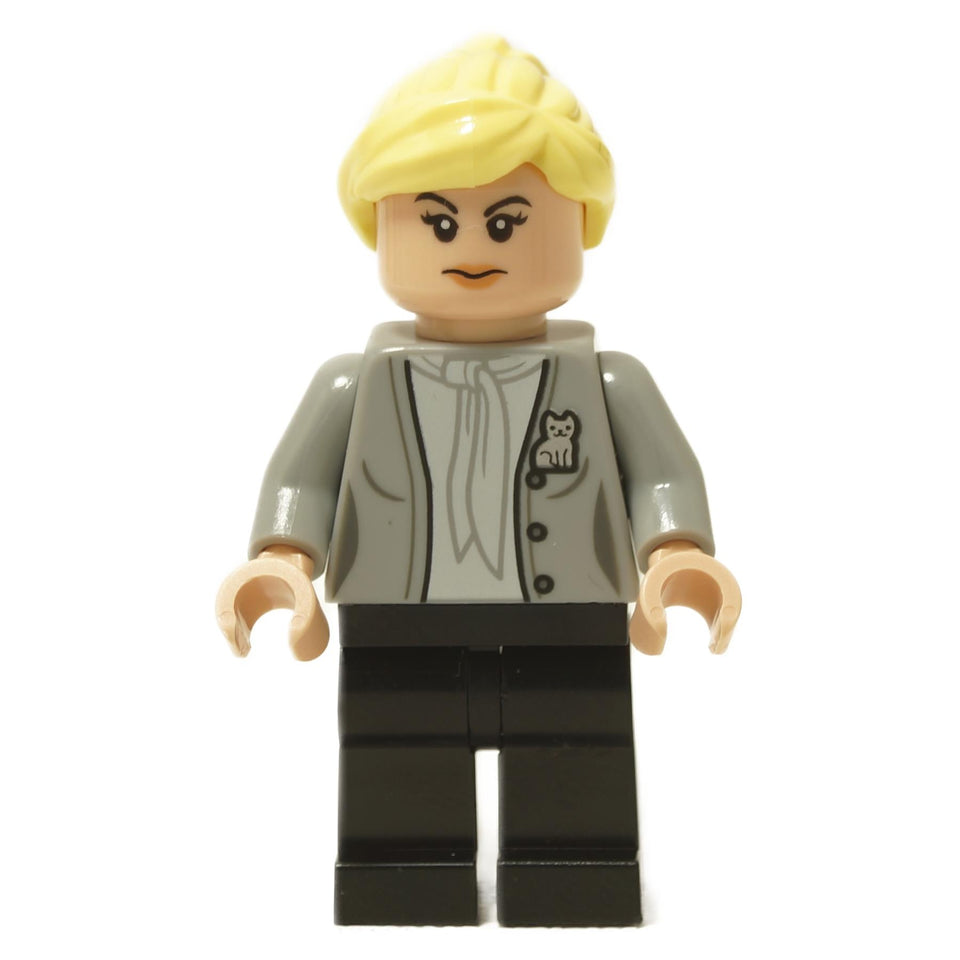 LEGO Angela Martin minifigure, blonde hair, grey cardigan, cat print, front