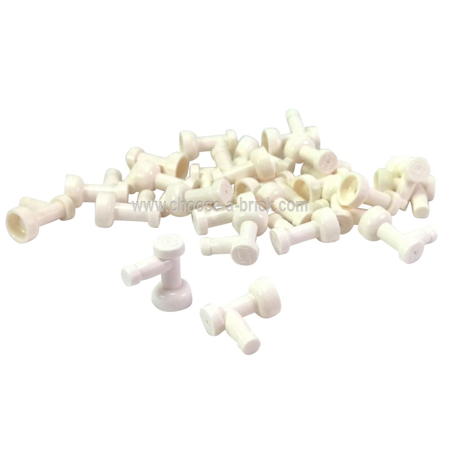 A pile of numerous white LEGO Part 4599b (Tap 1 x 1 without Hole in End) pieces scattered against a white background, showing their T-shape with a flared cup end.