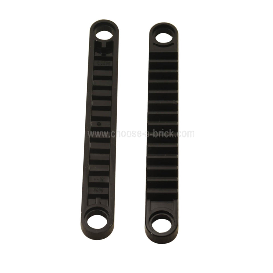Black LEGO® Technic Gear Rack 1x8 with Holes pieces (6630) shown on a white background.  