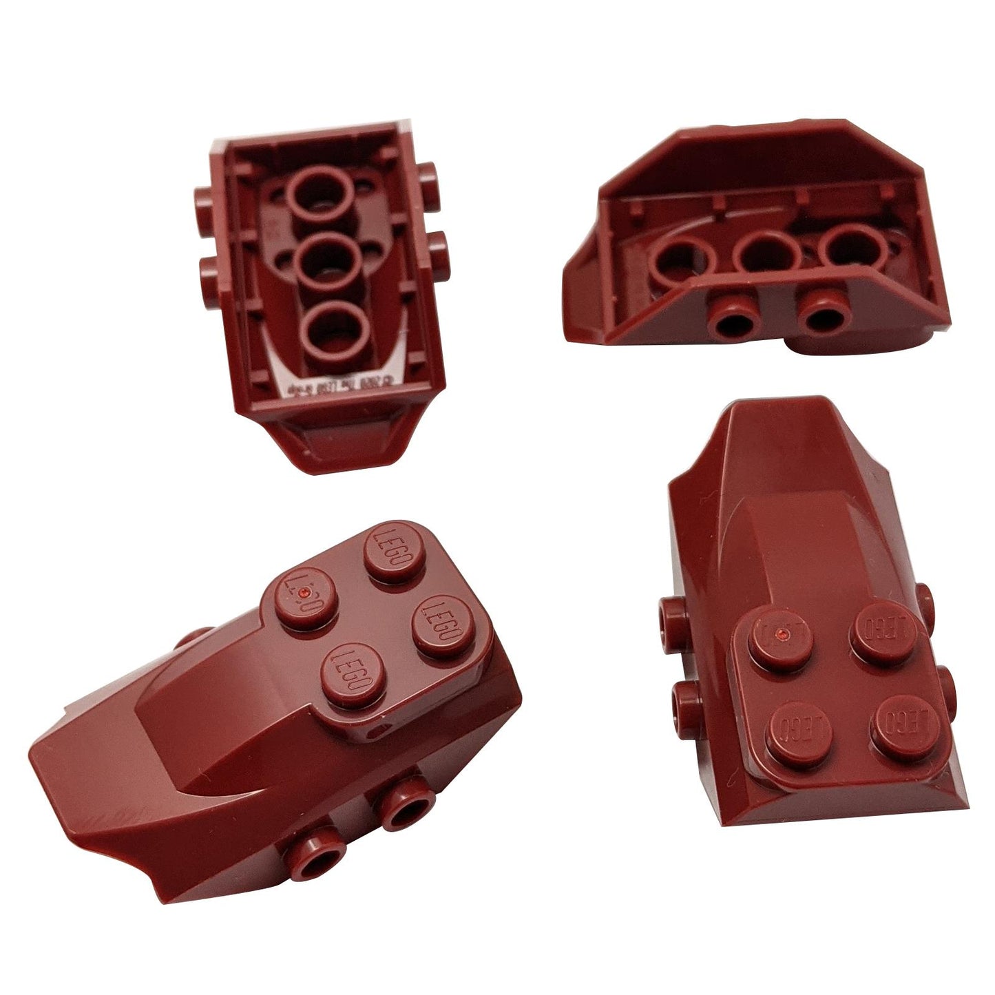 LEGO® slope curved 4 x 2 wing end in dark red, part 79897, lot of four pieces.