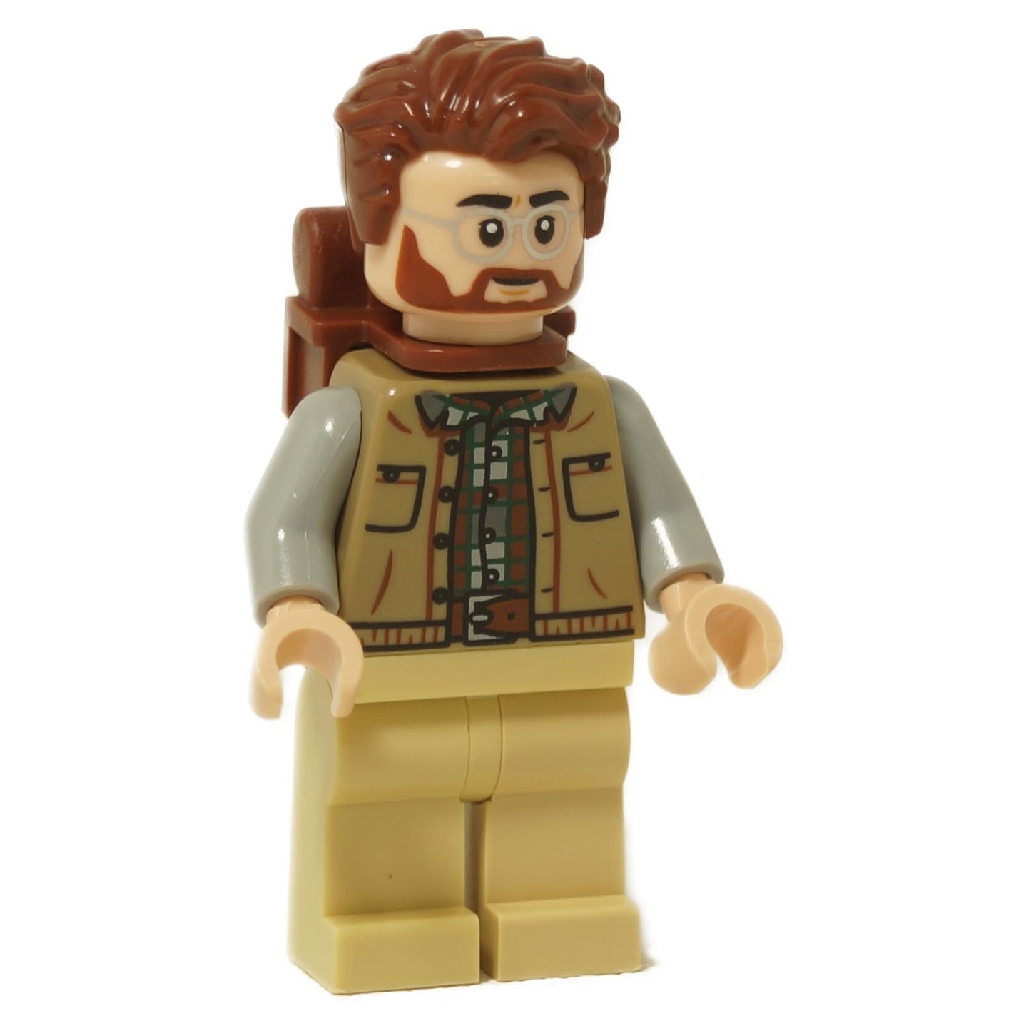 LEGO® Minifigure Dr. Henry Loomis – Dual-Sided Head, Reddish Brown Hair and Beard, Tan Jacket over Green Plaid Shirt, Backpack Accessory