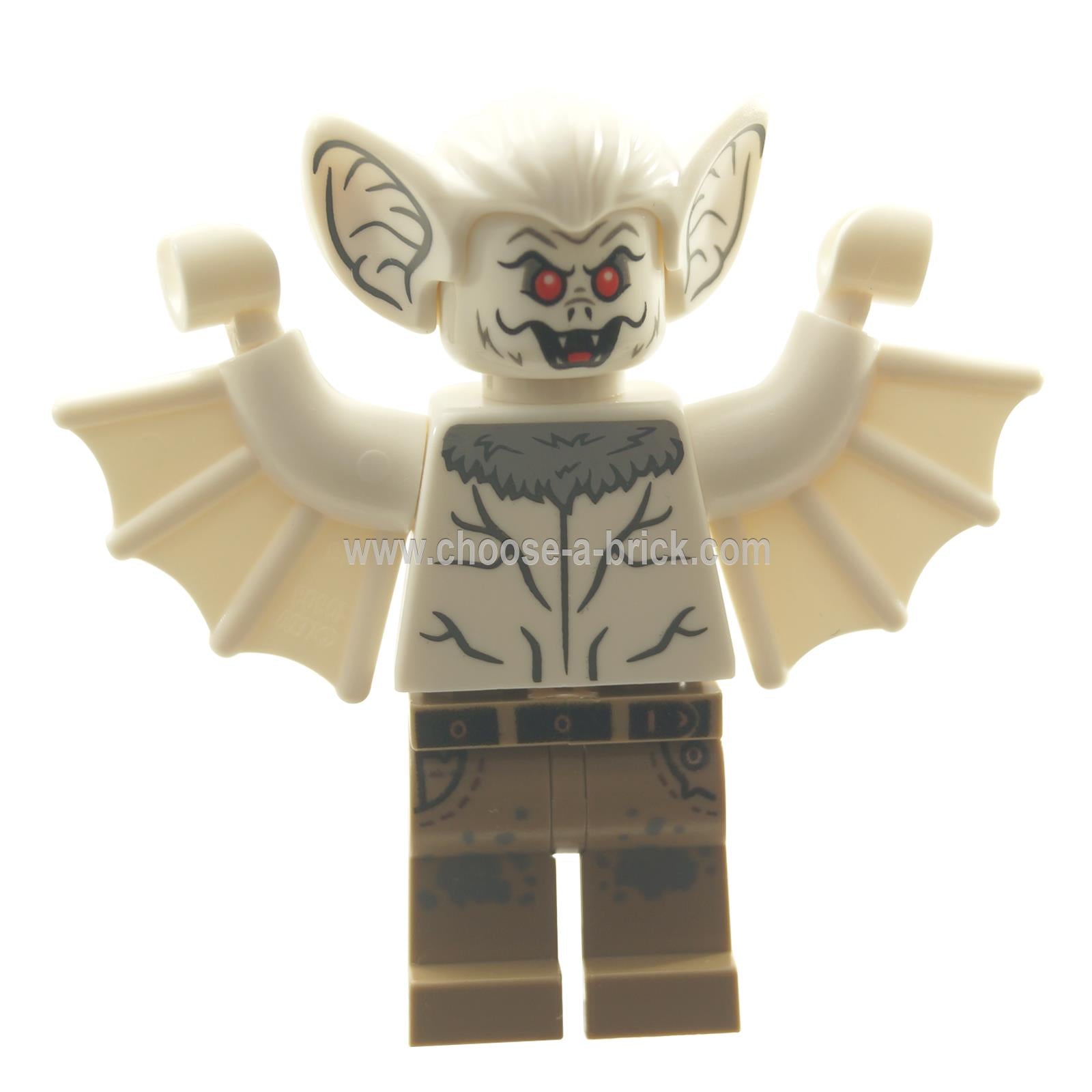 Rückansicht der LEGO DC Super Heroes Man-Bat - Rebirth Minifigur (sh0660). Die Figur hat eine schlichte weiße/blass Kopfform mit großen Fledermausohren, einen weißen Torso mit bedrucktem Venenmuster und ohne sichtbares Fell sowie schlichte beige Beine. Die Fledermausflügel sind an den Armen befestigt.