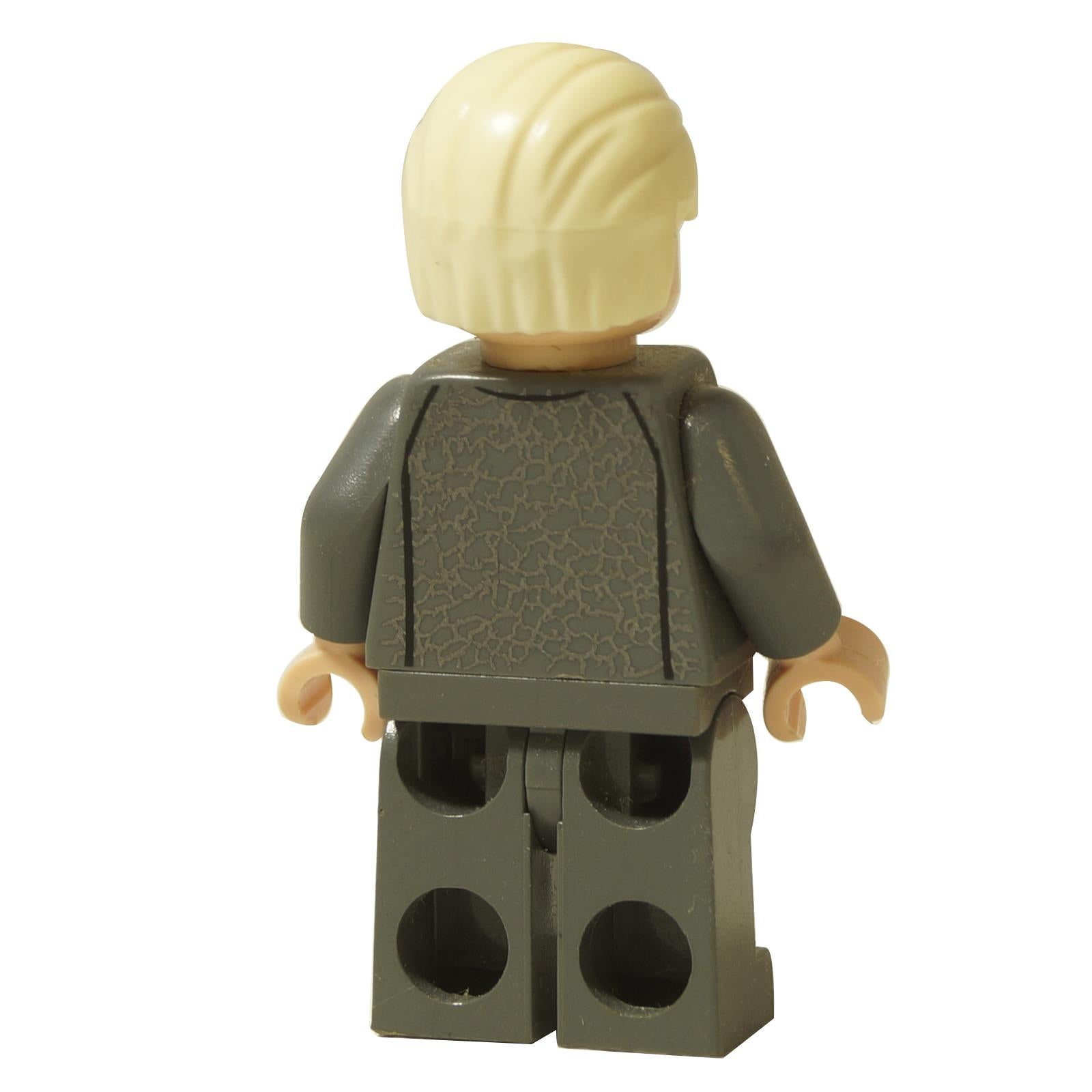 LEGO® Star Wars Chancellor Palpatine minifigure (sw0540) in dark gray robes showing detailed back printing and light blond hair, rear view.
