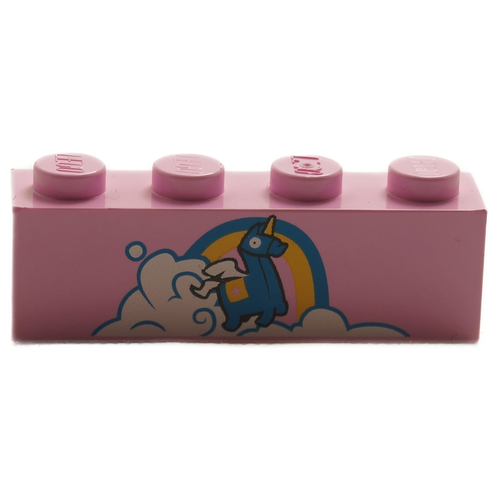 LEGO pink 1x4 brick with Brite Bomber unicorn and rainbow print, front view.