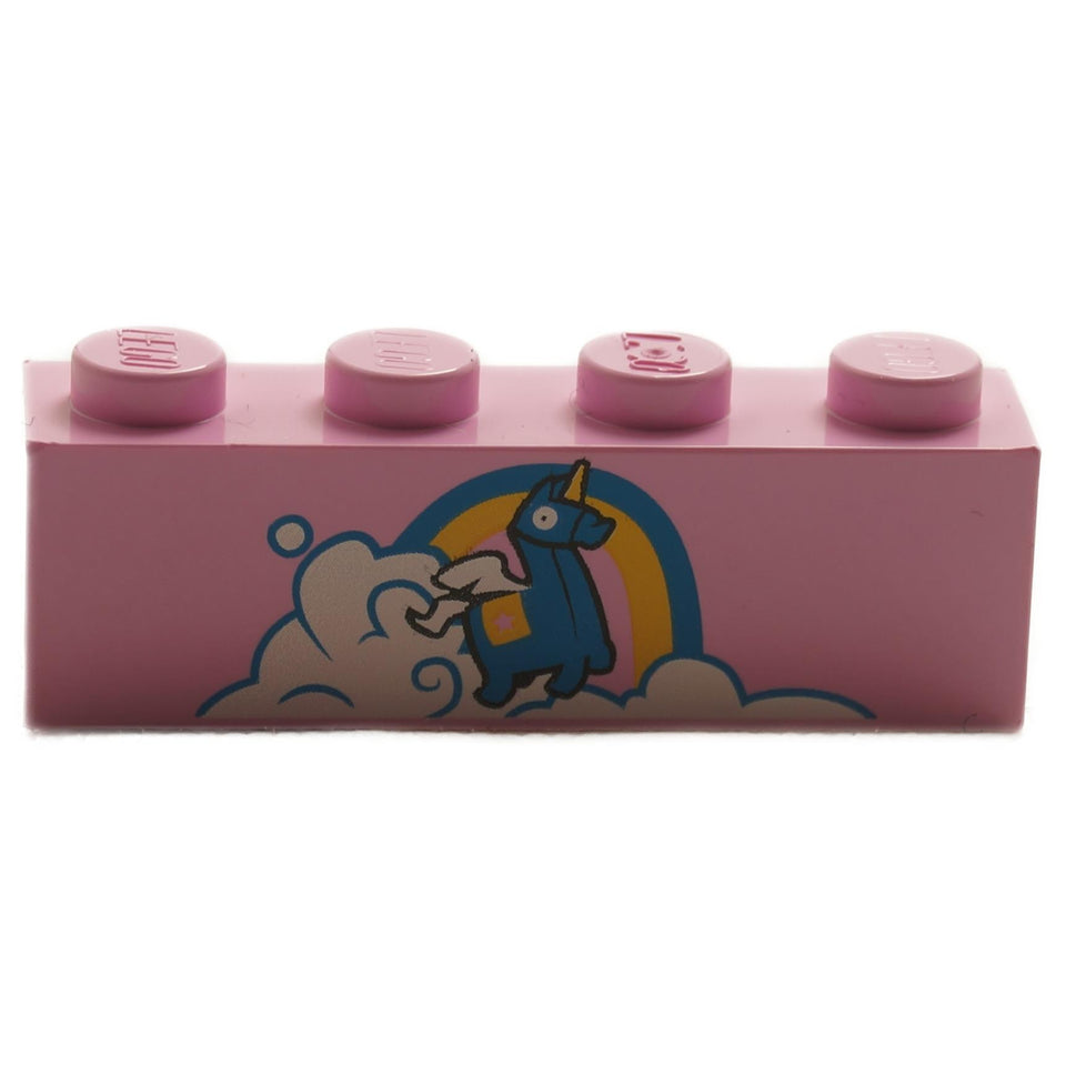 LEGO pink 1x4 brick with Brite Bomber unicorn and rainbow print, front view.