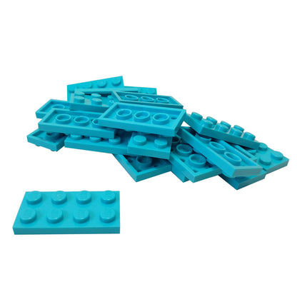 LEGO® plate 2x4 flat building piece 3020 used for layering and structural support, medium azure
