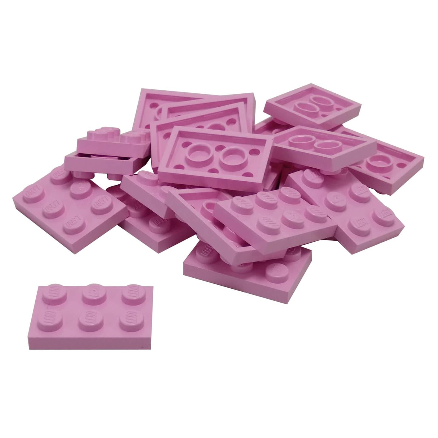 LEGO® Placa 2x3 de plástico duradero color rosa brillante, ideal para construcciones estructurales, bases y conexiones MOC versátiles.
