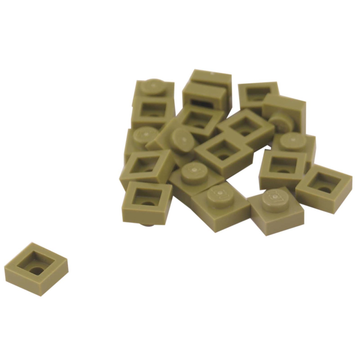 LEGO® Placa 1x1 en verde oliva, un elemento básico versátil ideal para detalles, espaciado y conexiones precisas de MOC.
