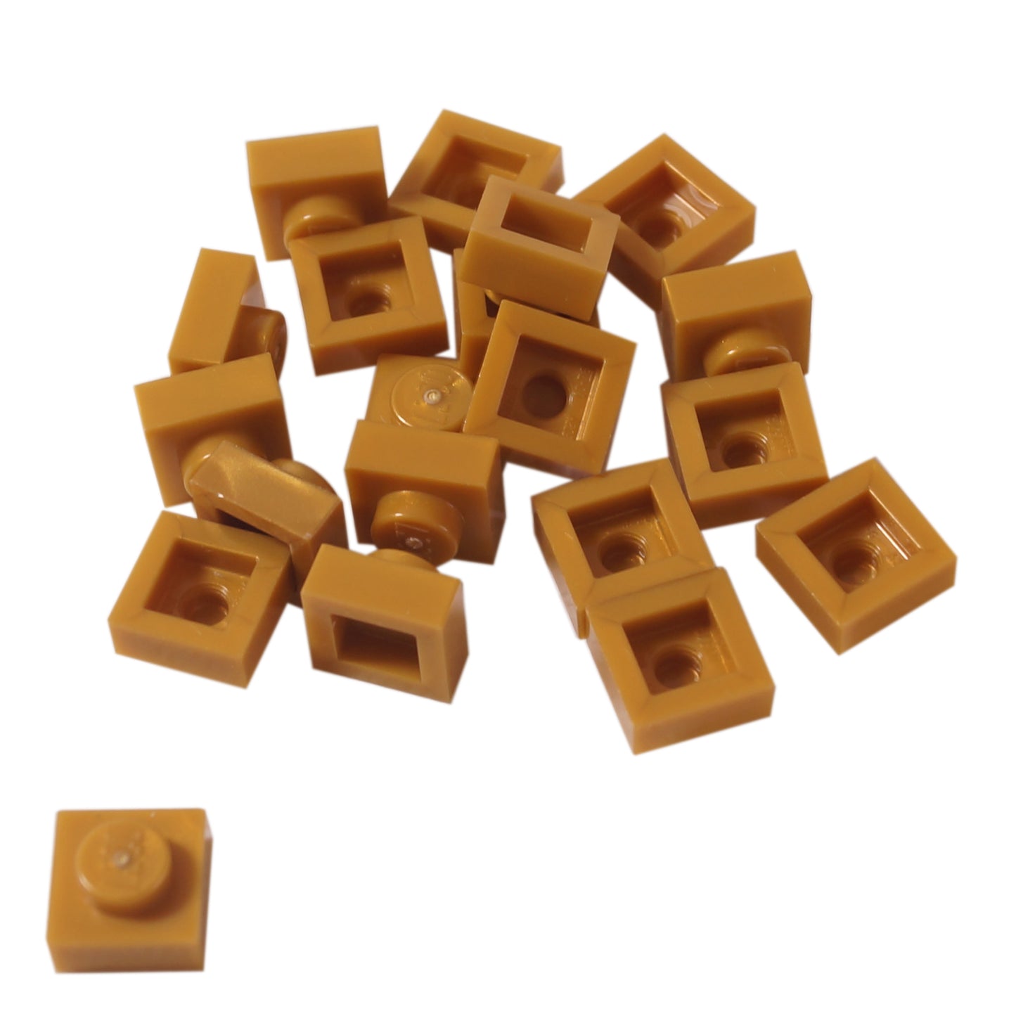 LEGO® Placa 1x1 en oro perlado, un elemento básico versátil ideal para detalles, espaciado y conexiones precisas de MOC.
