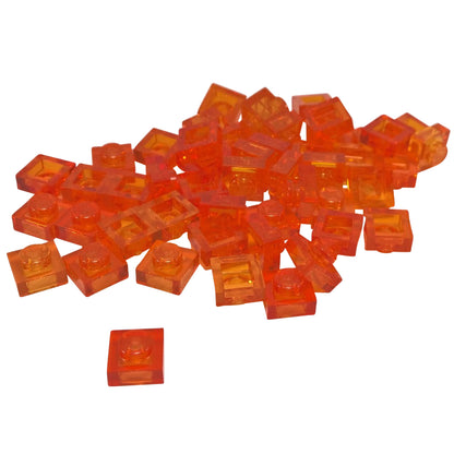 LEGO® Placa 1x1 en naranja translúcido, un elemento básico versátil ideal para detalles, separación y conexiones precisas de MOC.
