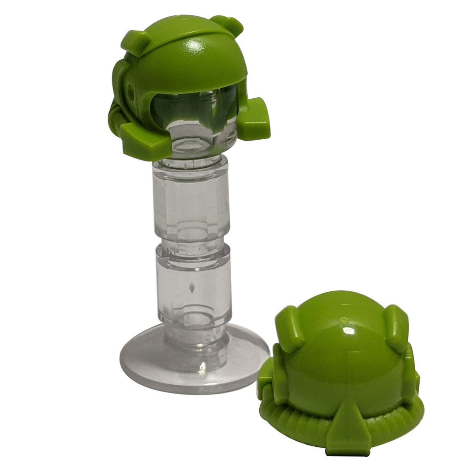 Two lime green LEGO helmets 30325 with breathing apparatus and headlights.