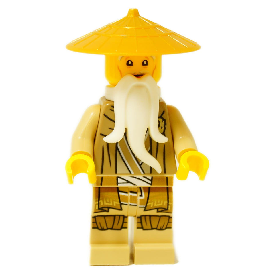 LEGO® Minifigura de Wu de NINJAGO de Dragons Rising, vistiendo túnicas doradas y un sombrero cónico de paja