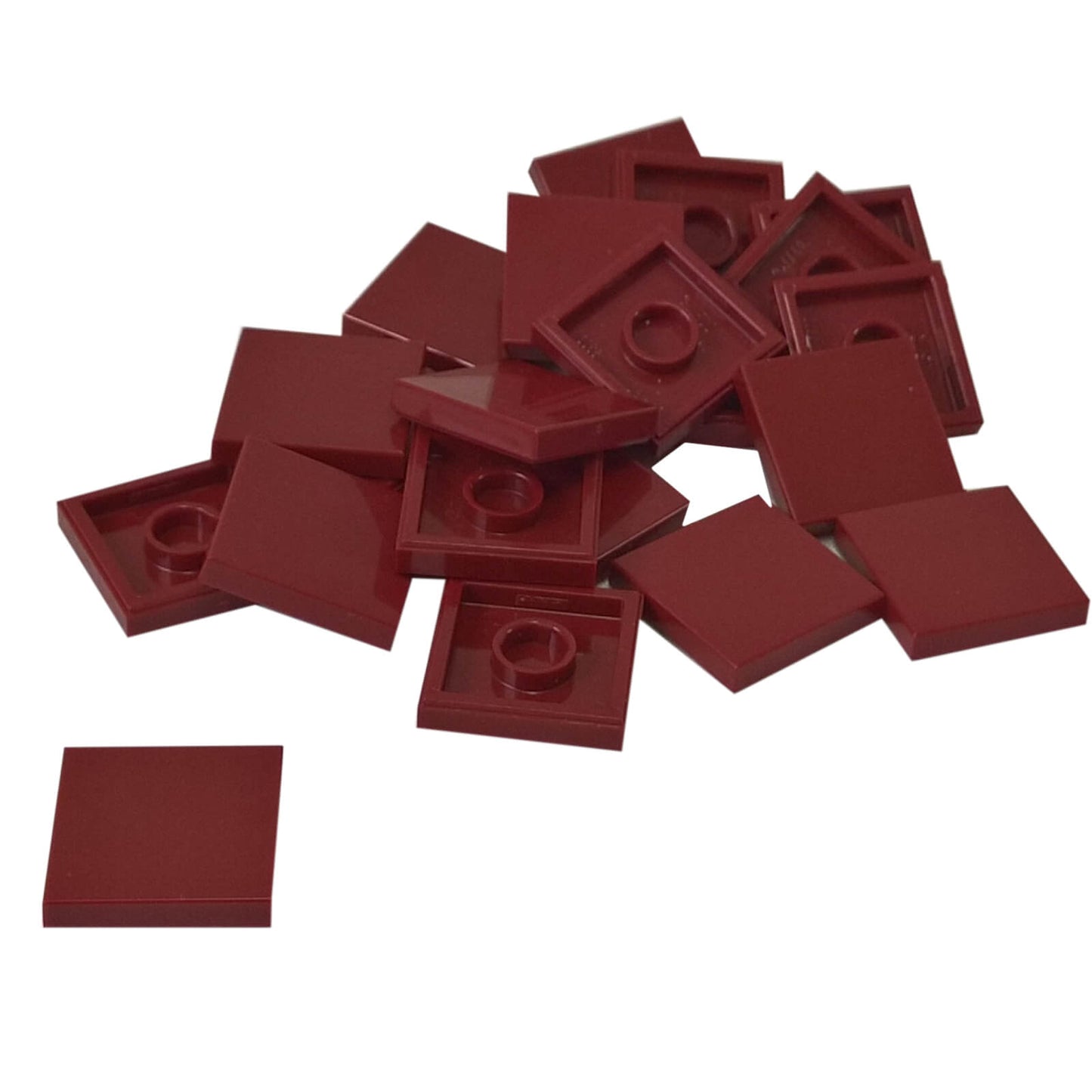 LEGO Tile 2 x 2 part 3068 with smooth square top and underside connection ring dark red