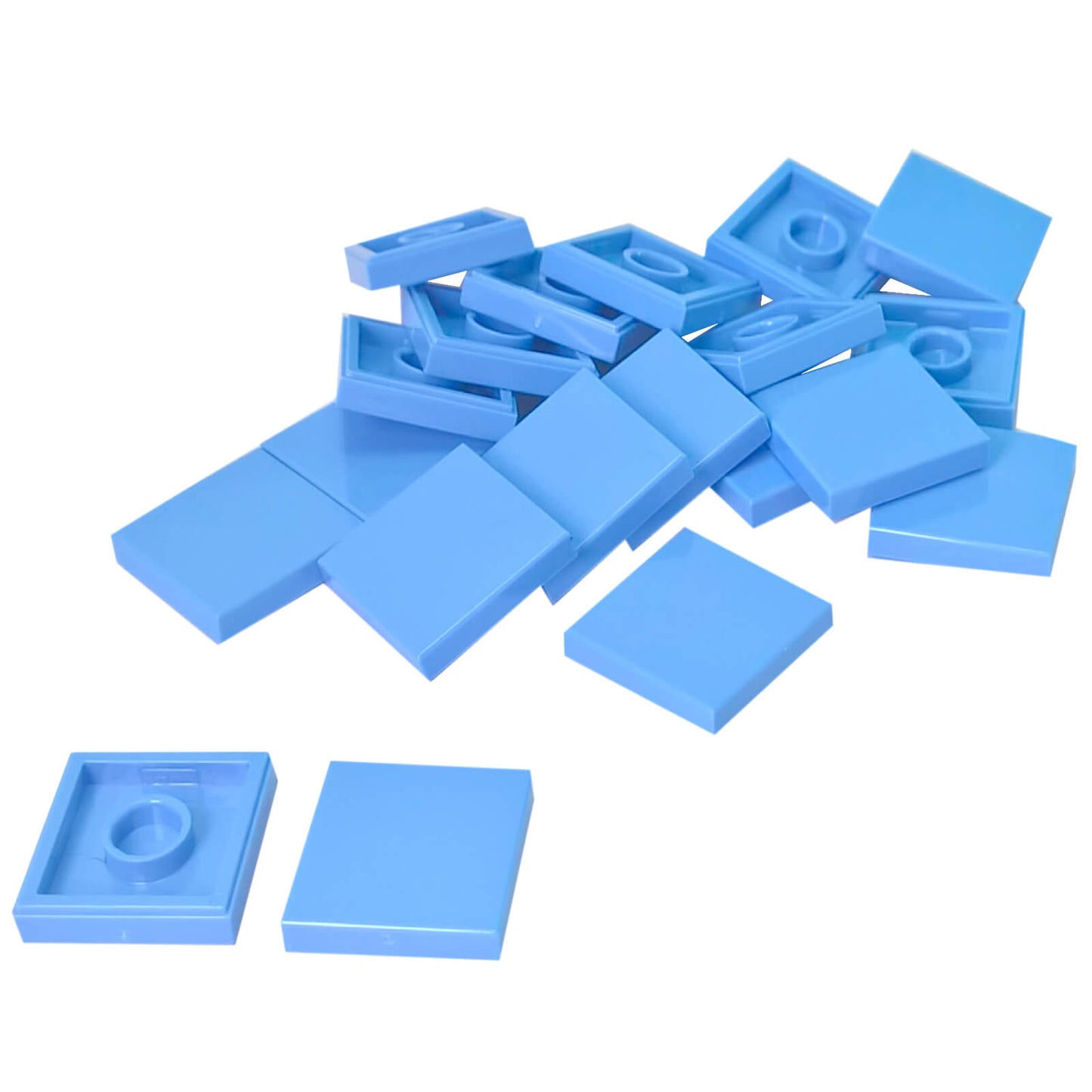 LEGO Tile 2 x 2 part 3068 with smooth square top and underside connection ring medium blue