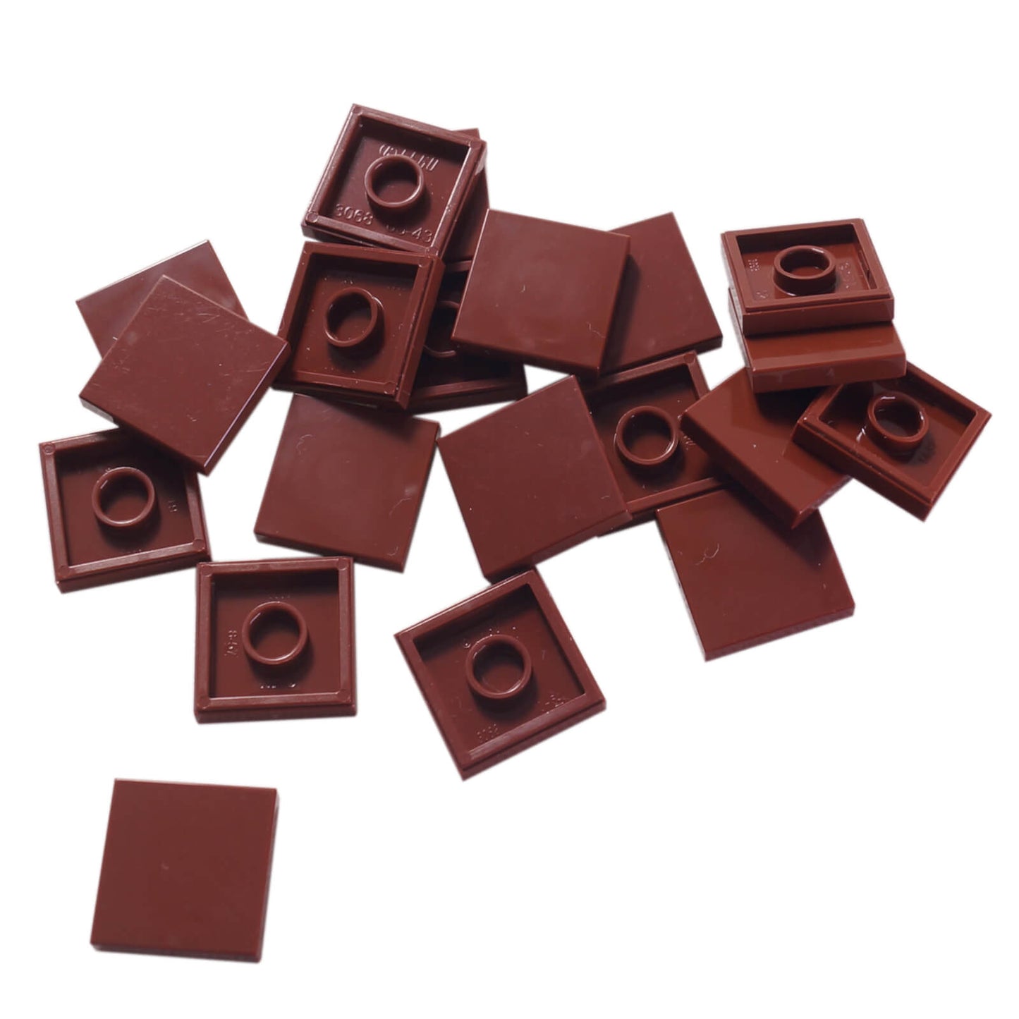 LEGO Tile 2 x 2 part 3068 with smooth square top and underside connection ring reddish brown