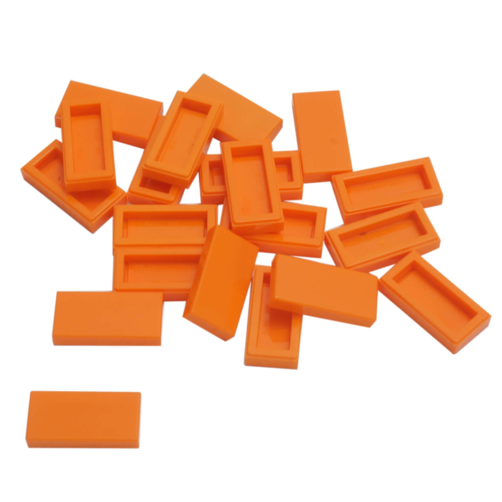 LEGO Tile 1 x 2 part 3069 with smooth rectangular top and recessed underside orange