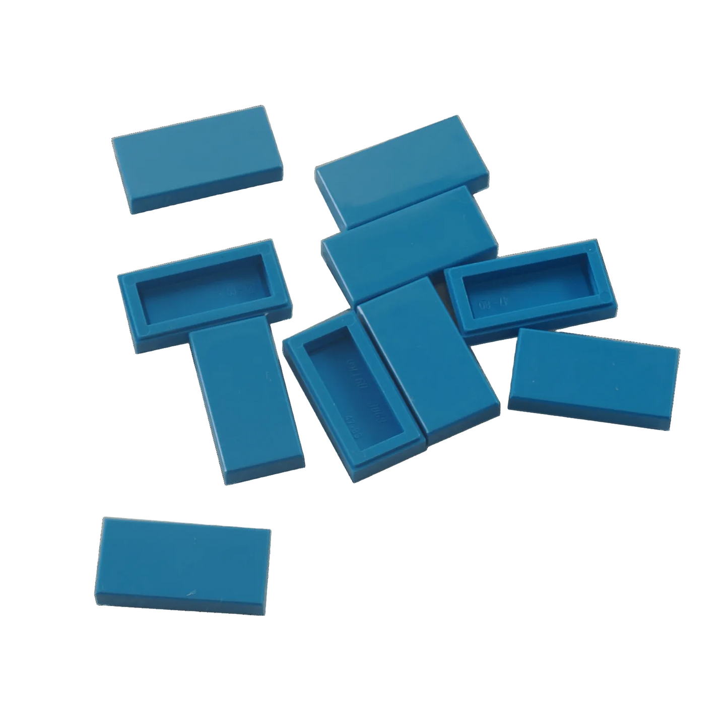 LEGO Tile 1 x 2 part 3069 with smooth rectangular top and recessed underside dark azure