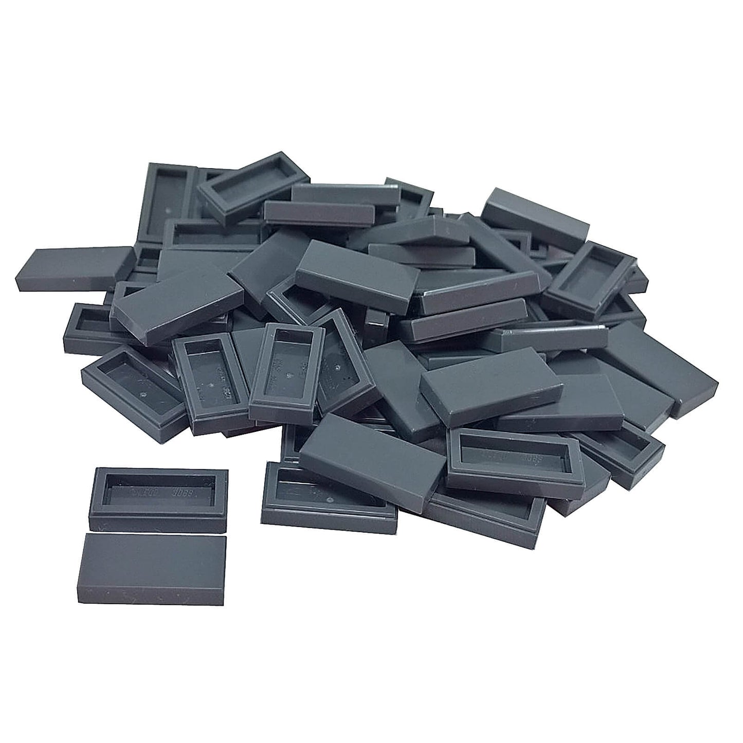 LEGO Tile 1 x 2 part 3069 with smooth rectangular top and recessed underside dark bluish gray