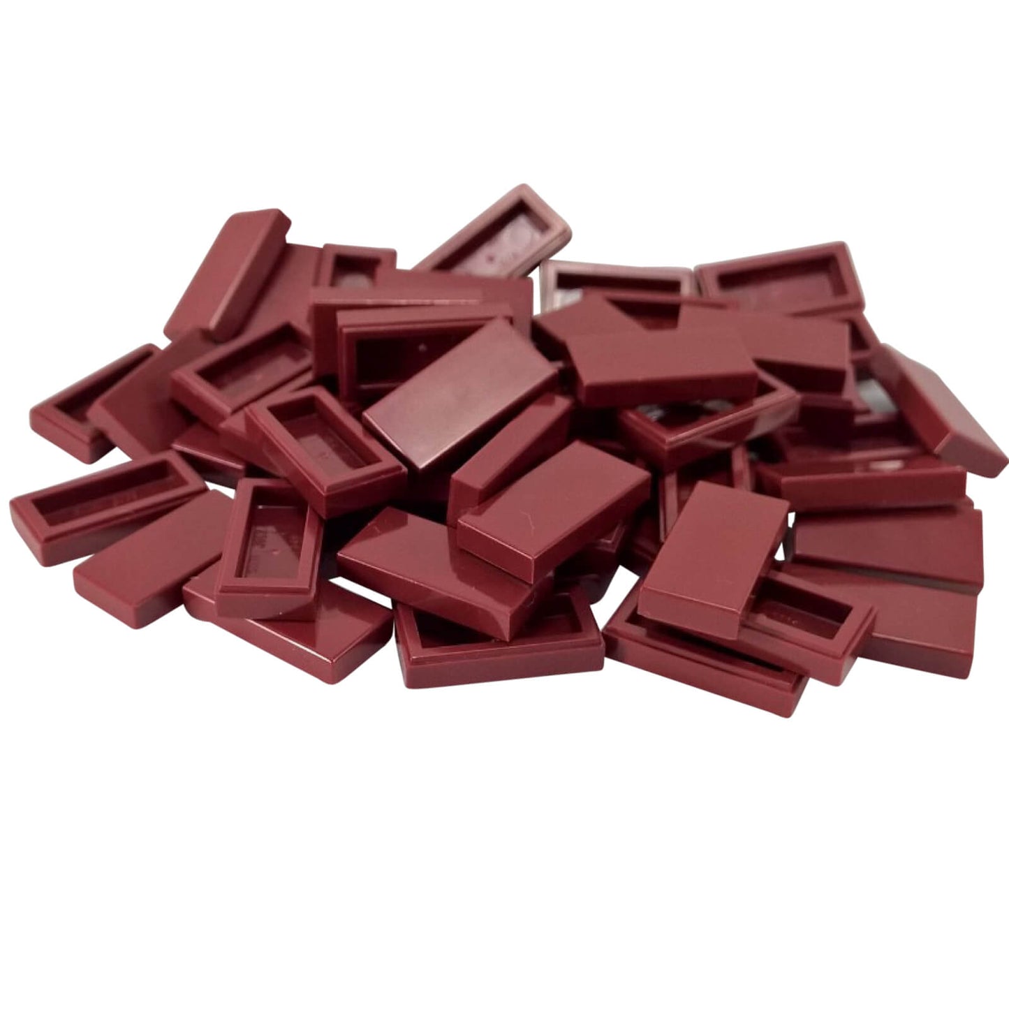 LEGO Tile 1 x 2 part 3069 with smooth rectangular top and recessed underside dark red