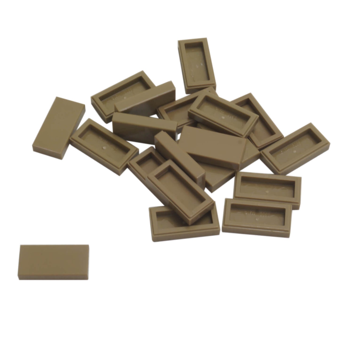 LEGO Tile 1 x 2 part 3069 with smooth rectangular top and recessed underside dark tan