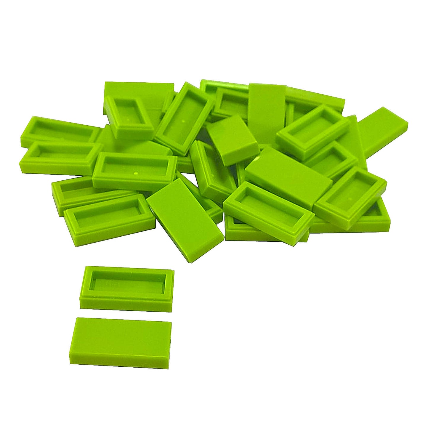 LEGO Tile 1 x 2 part 3069 with smooth rectangular top and recessed underside lime