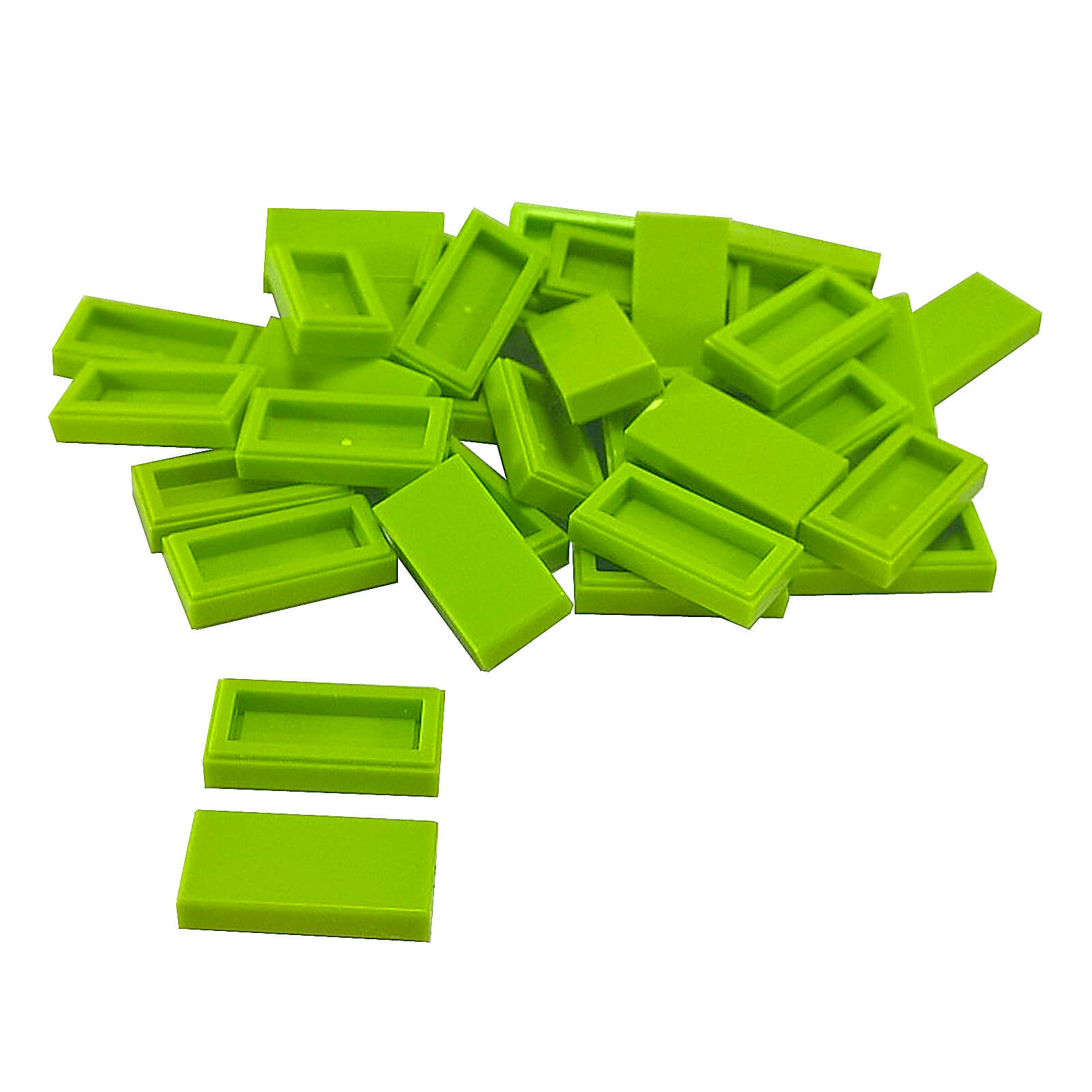 LEGO Tile 1 x 2 part 3069 with smooth rectangular top and recessed underside lime