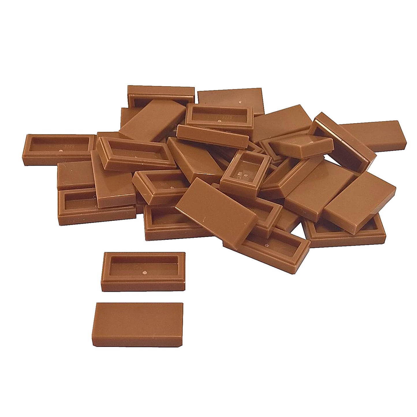 LEGO Tile 1 x 2 part 3069 with smooth rectangular top and recessed underside medium nougat