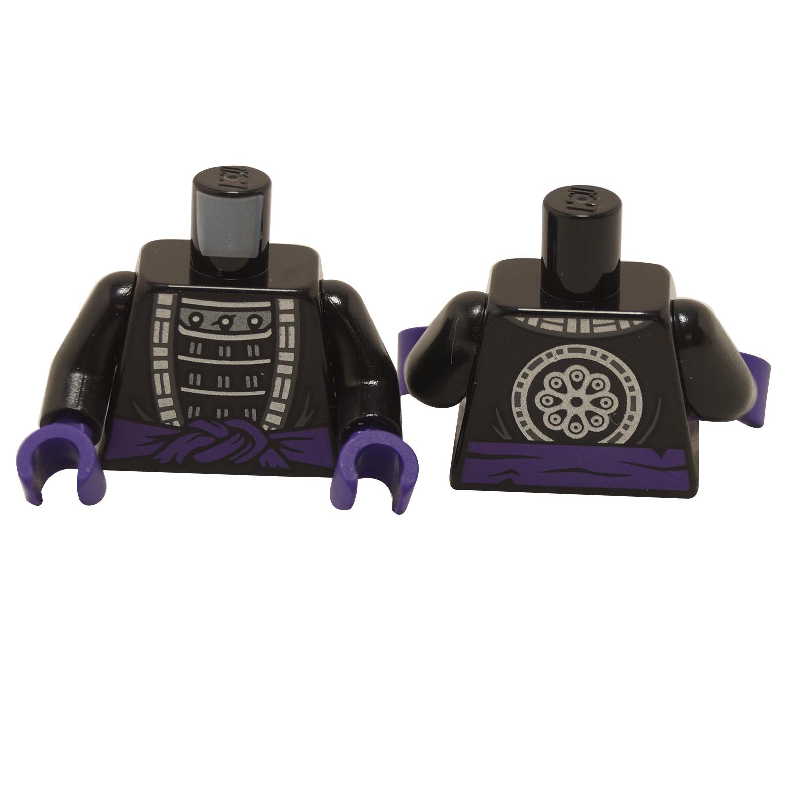 LEGO minifigure torso with black robe, silver armor, dark purple sash, and flower emblem on back. It includes black arms and purple hands.