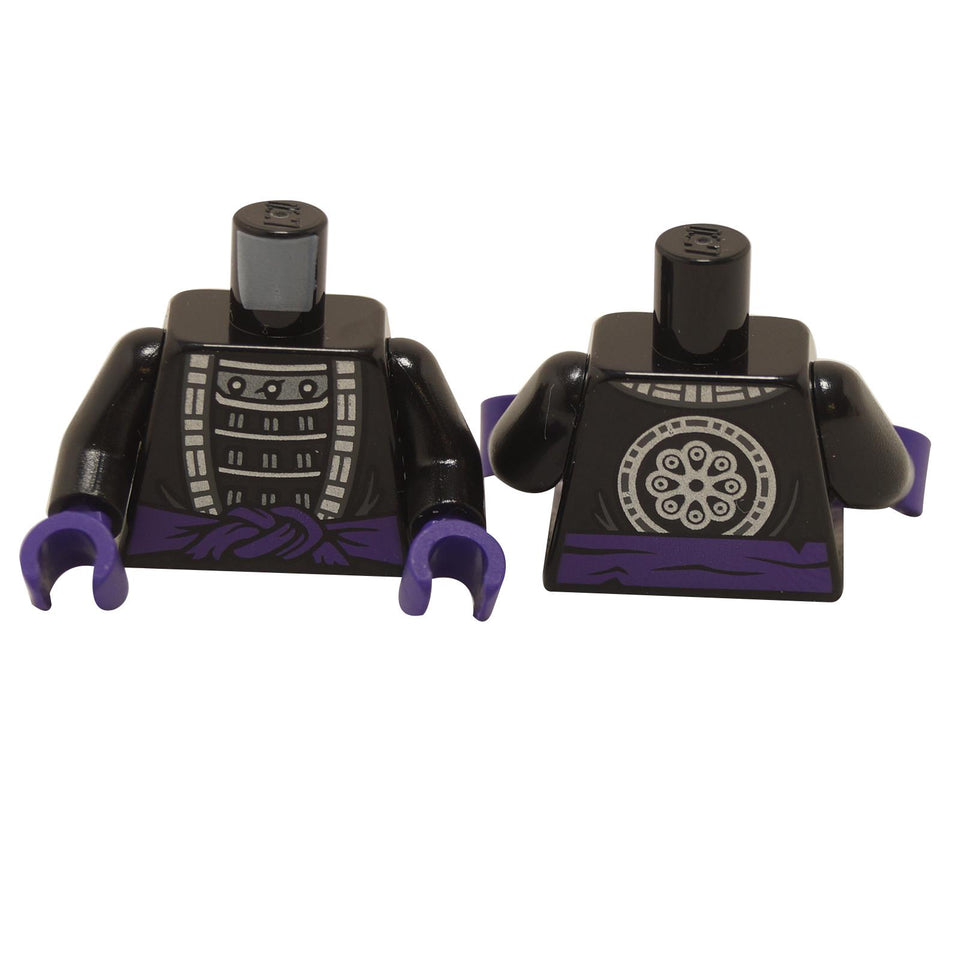 LEGO minifigure torso with black robe, silver armor, dark purple sash, and flower emblem on back. It includes black arms and purple hands.