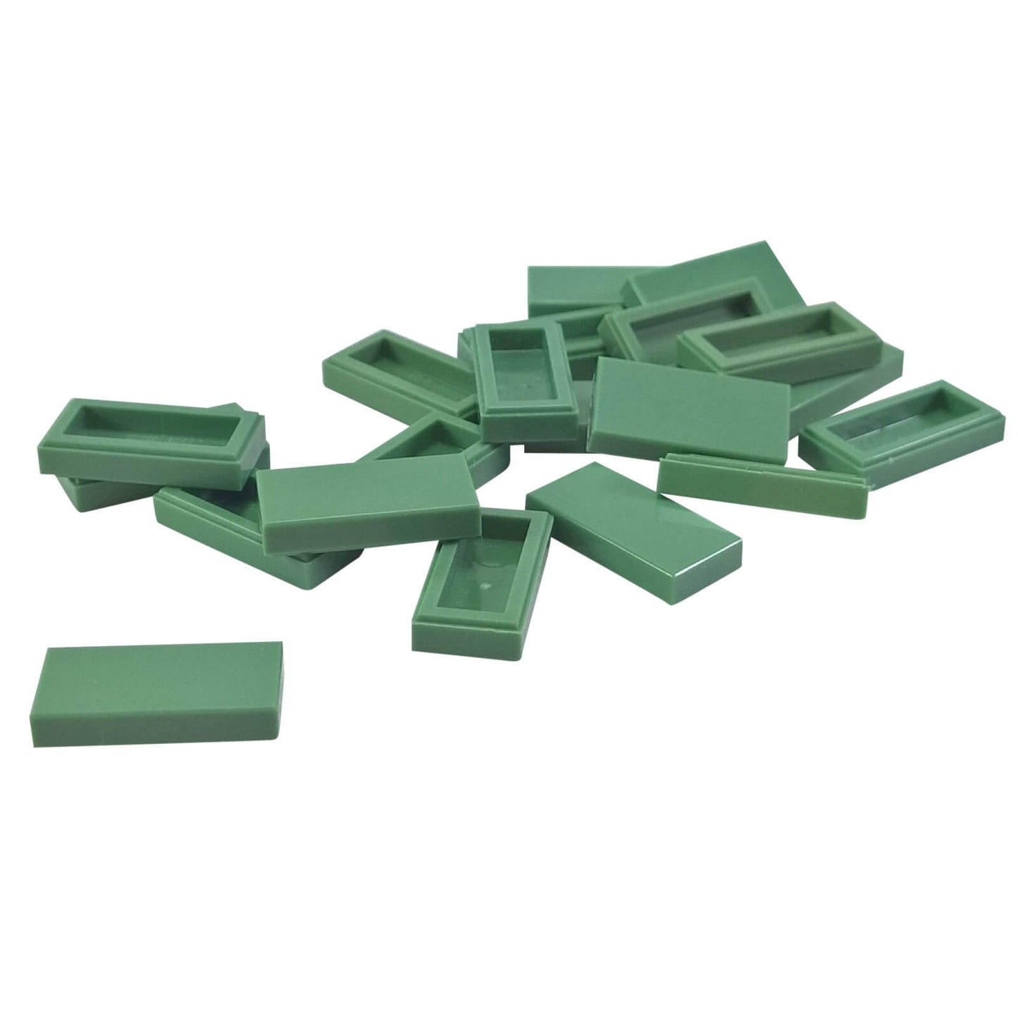 LEGO Tile 1 x 2 part 3069 with smooth rectangular top and recessed underside sand green