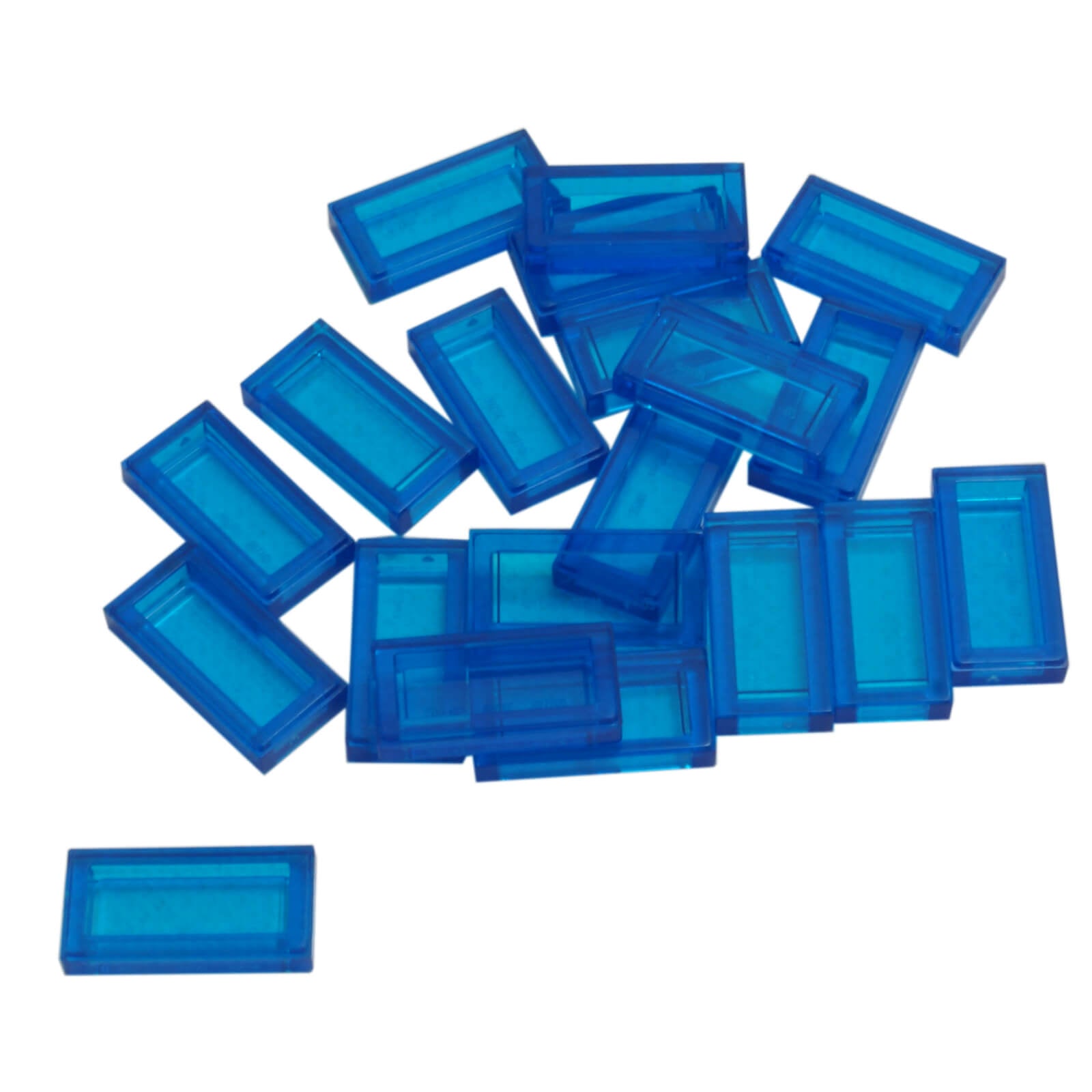 LEGO Tile 1 x 2 part 3069 with smooth rectangular top and recessed underside trans-dark blue