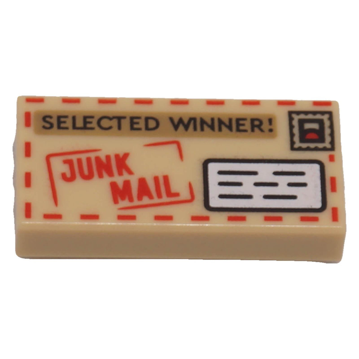 LEGO® 3069pb1287 tan 1 x 2 printed tile with red JUNK MAIL and black SELECTED WINNER! envelope design