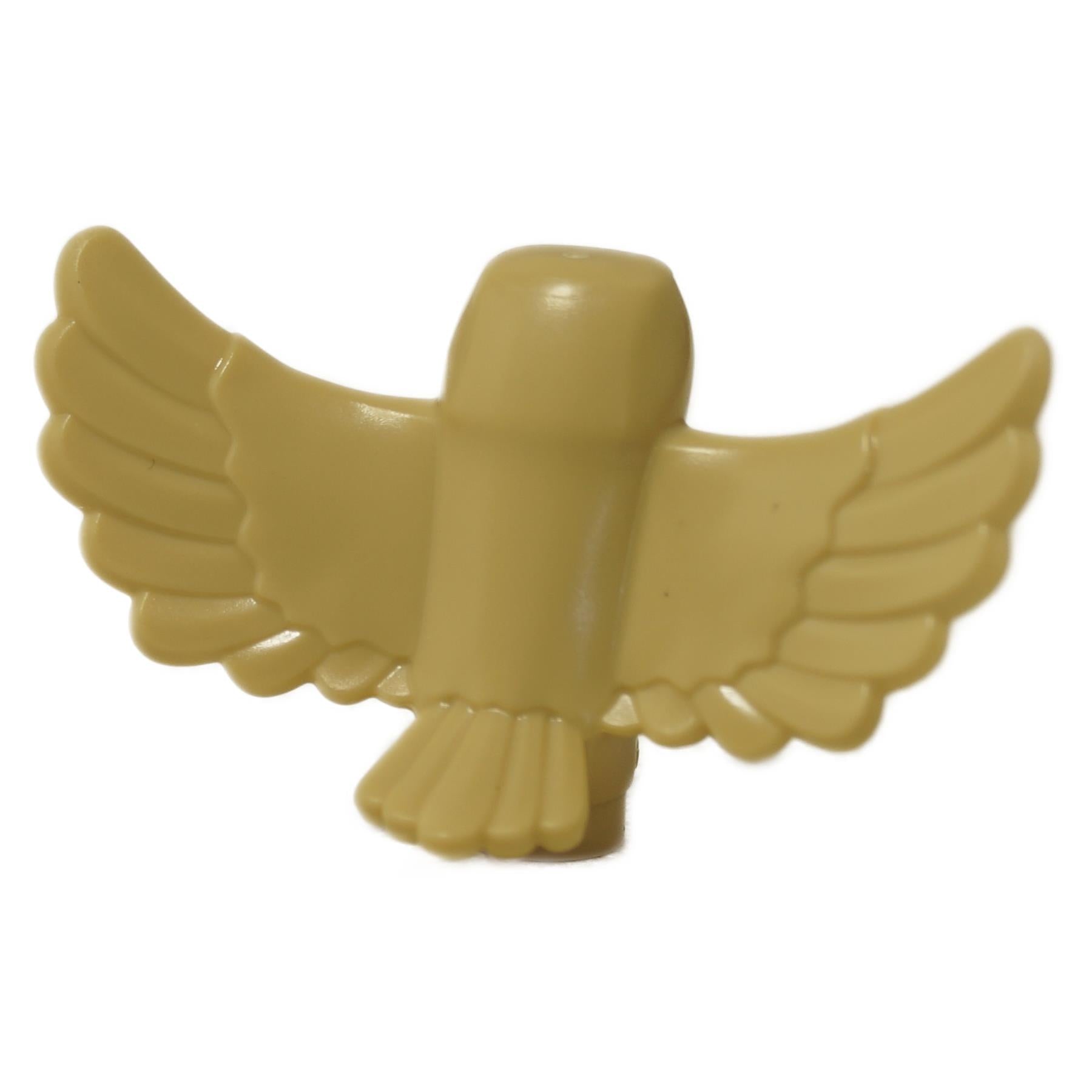 LEGO tan sova figurka 67632pb03 s roztaženými křídly, černýma očima a potiskem světle modrošedých a tmavě oranžových hrudních peří. Pohled zezadu.