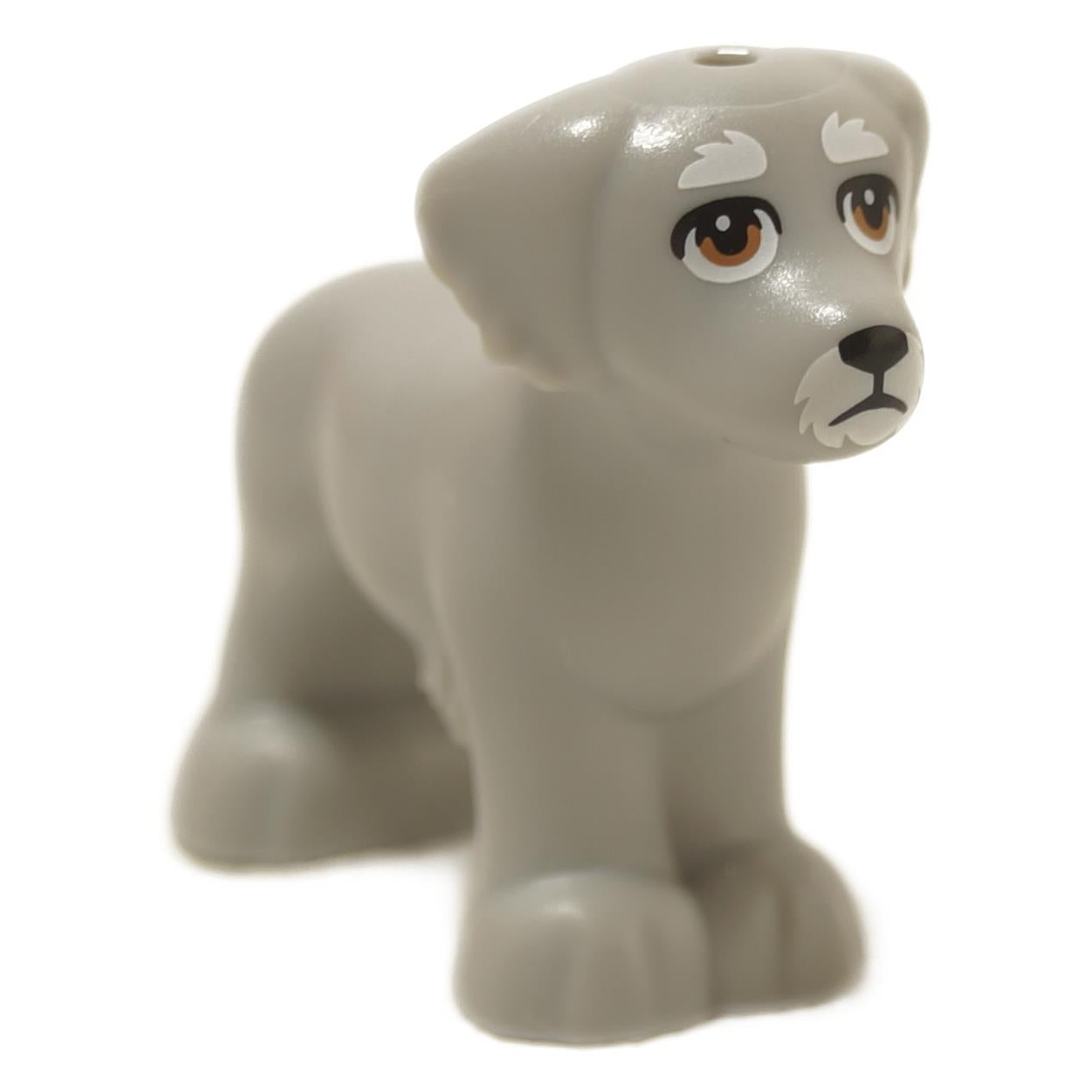 Light bluish gray shaggy dog figure with sad brown eyes and floppy ears
