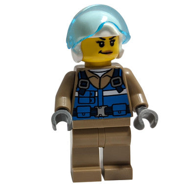 Piloto de Rescate de Vida Silvestre - Mujer, Chaleco Azul, Casco Blanco, Piernas de Color Marrón Oscuro, Sonrisa 