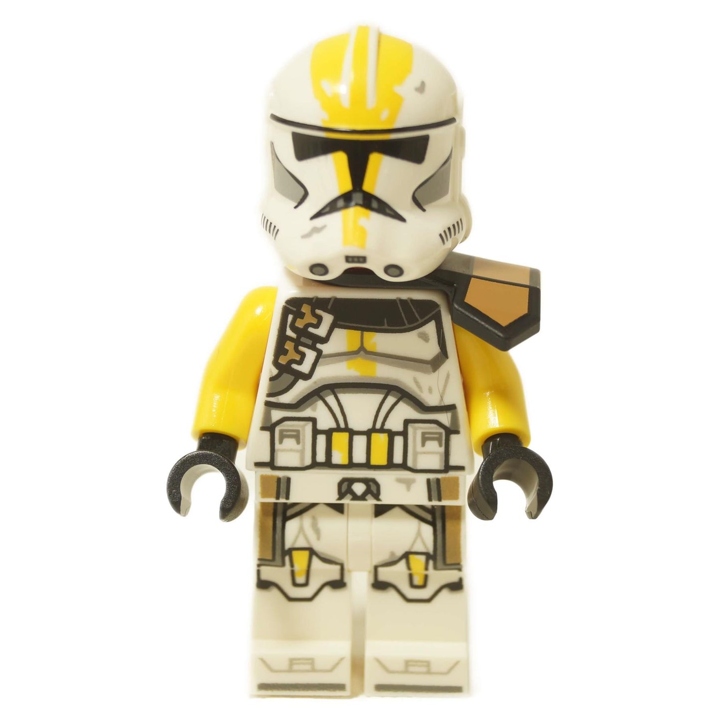 LEGO 327. legioonan kloonisotilaan minihahmo nykyaikaisessa Vaihe 2 -haarniskassa, jossa on keltaiset merkinnät, folio pauldron ja painettu kama.