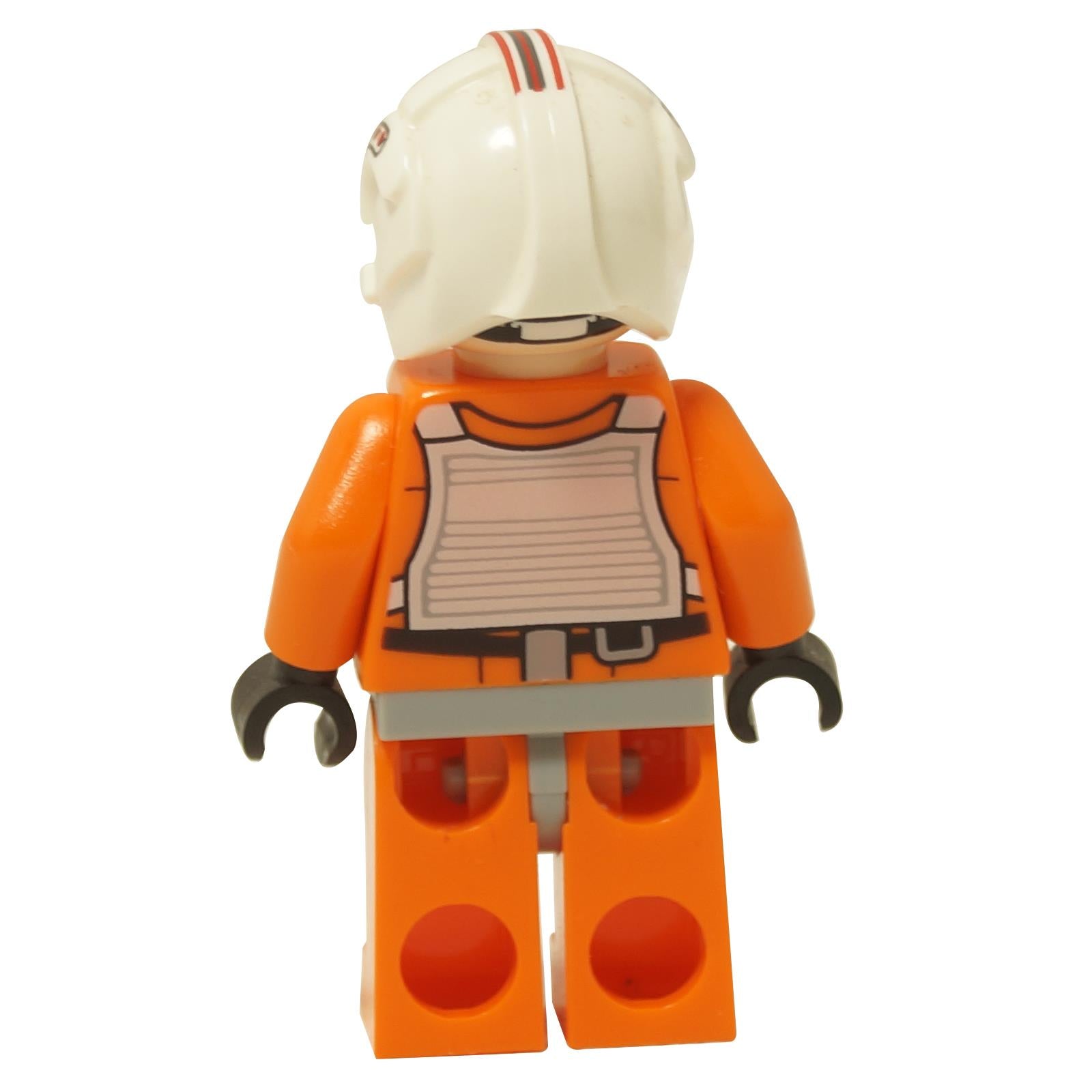 Vista posteriore del LEGO® minifigure di Star Wars Luke Skywalker sw0991 che mostra il design del zaino da volo stampato sull'uniforme da pilota arancione e la stampa dettagliata del casco.