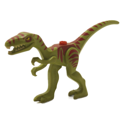 Coelophysis dinosaur figure in olive green with red stripe markings, small molded prehistoric creature, side profile view.
