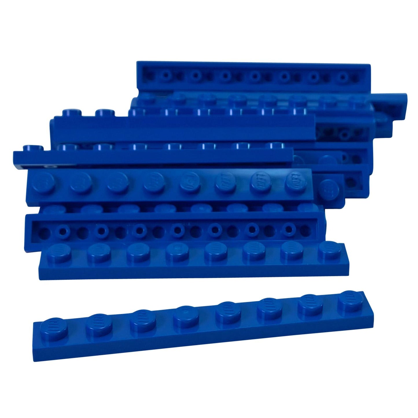 LEGO® Levy 1 x 8 (3460) pitkä kapea rakennusosa rakenteellista tukea ja yksityiskohtaisia tiilirakennelmia varten sinisessä.