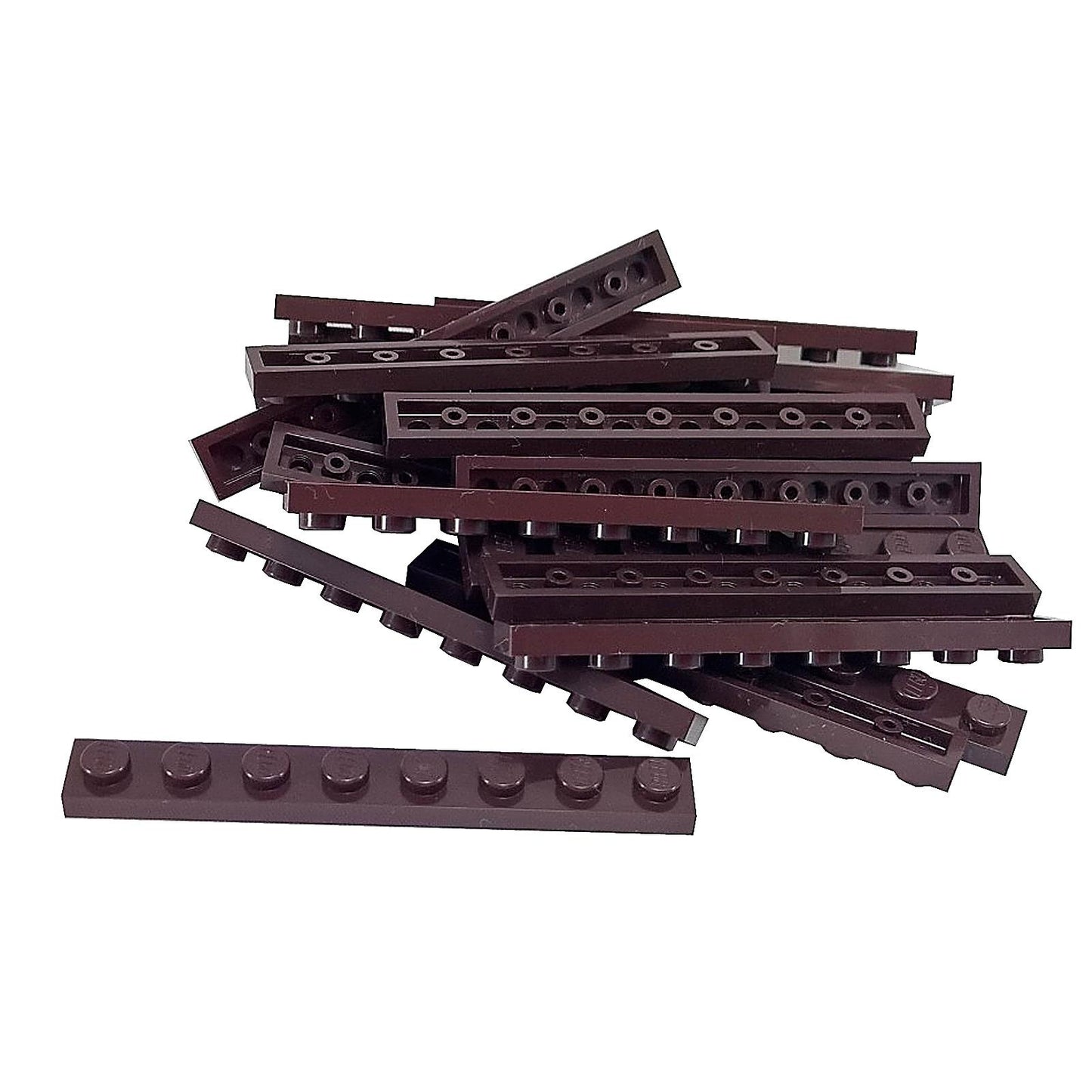 LEGO® Levy 1 x 8 (3460) pitkä kapea rakennusosa rakenteellista tukea ja yksityiskohtaisia tiilirakennelmia varten tummanruskeassa.