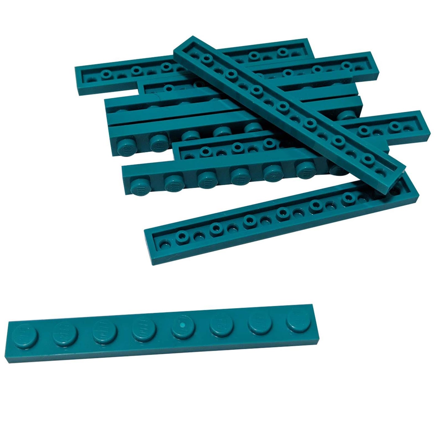 LEGO® Levy 1 x 8 (3460) pitkä kapea rakennusosa rakenteellista tukea ja yksityiskohtaisia tiilirakennelmia varten tummanturkoosissa.