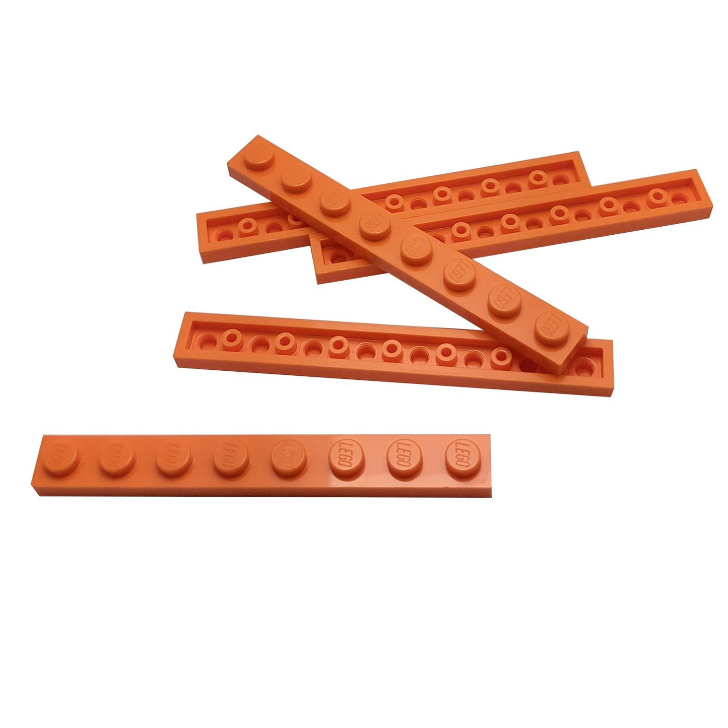 LEGO® Levy 1 x 8 (3460) pitkä kapea rakennusosa rakenteellista tukea ja yksityiskohtaisia tiilirakennelmia varten oranssissa.
