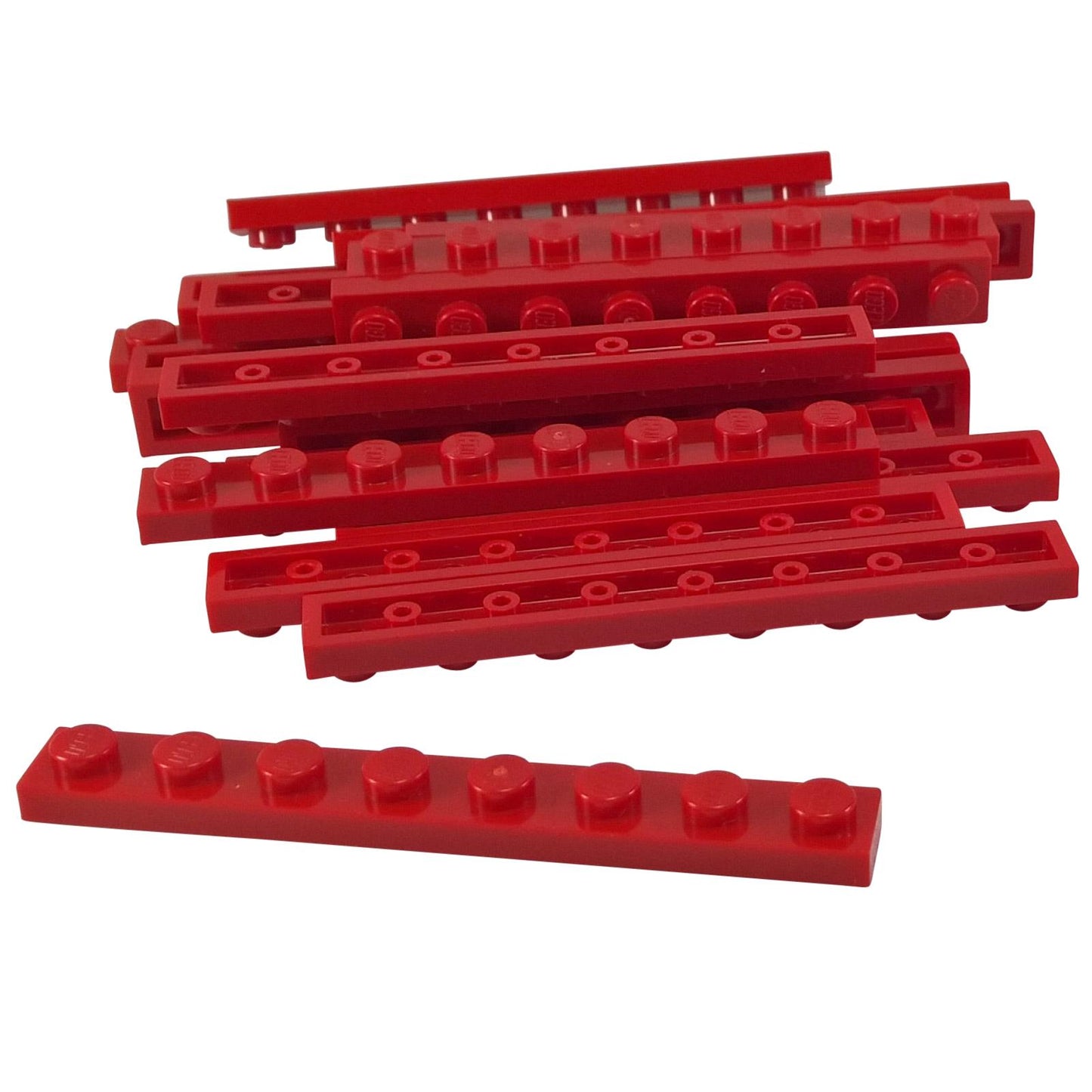 LEGO® Levy 1 x 8 (3460) pitkä kapea rakennusosa rakenteellista tukea ja yksityiskohtaisia tiilirakennelmia varten punaisessa.