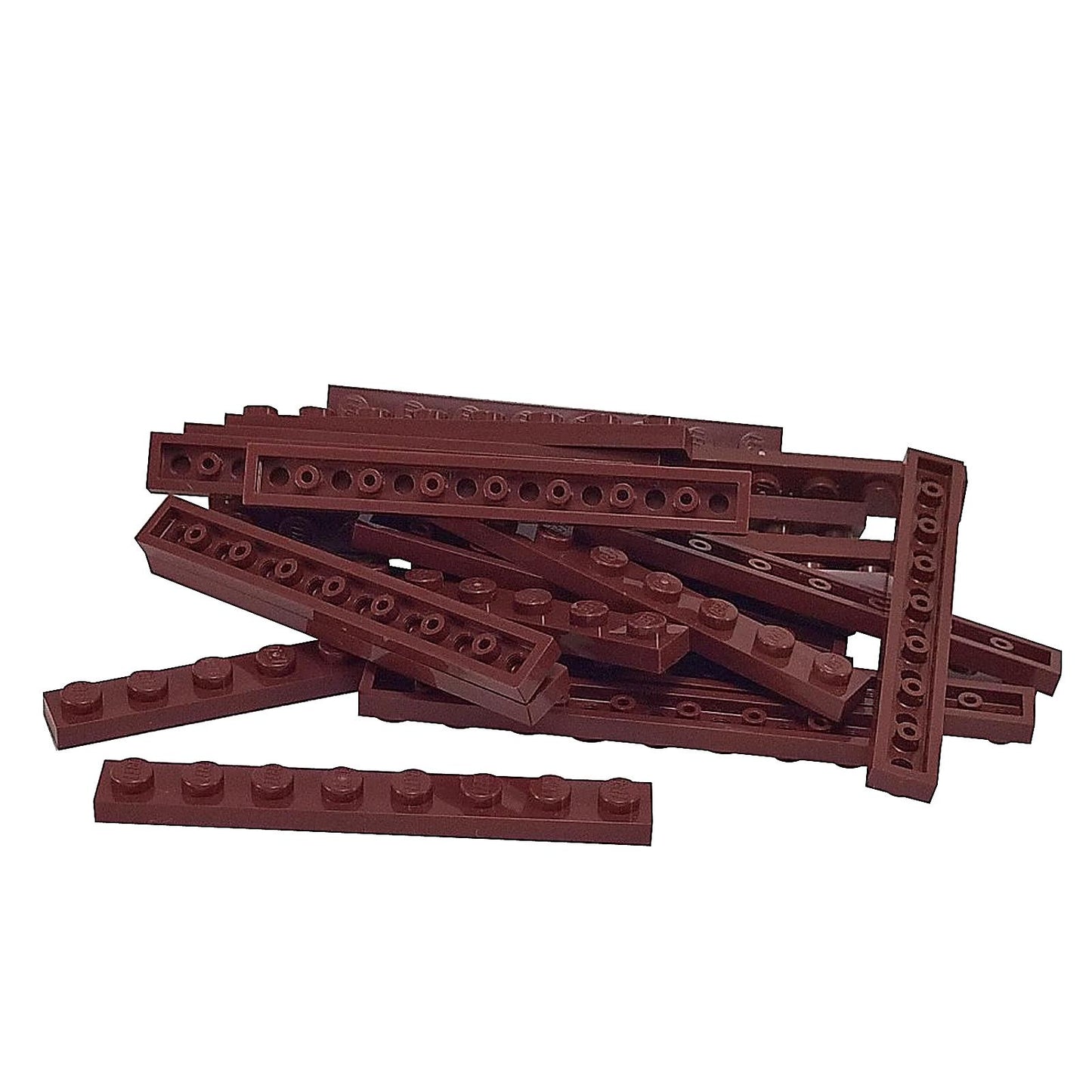 LEGO® Levy 1 x 8 (3460) pitkä kapea rakennusosa rakenteellista tukea ja yksityiskohtaisia tiilirakennelmia varten punaruskeassa.