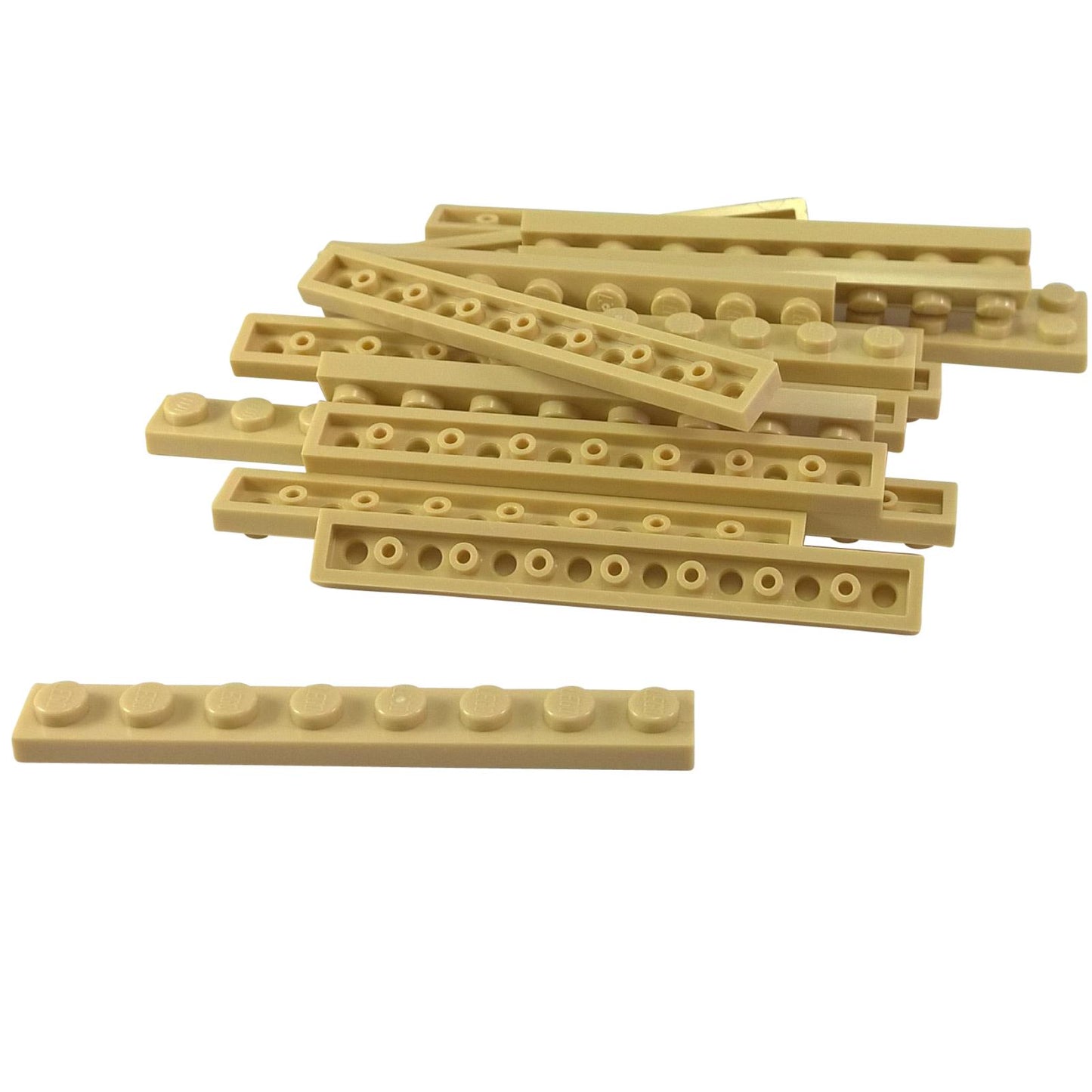 LEGO® Levy 1 x 8 (3460) pitkä kapea rakennusosa rakenteellista tukea ja yksityiskohtaisia tiilirakennelmia varten beigeessä.