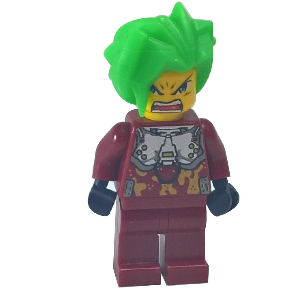 A LEGO minifigure named Takeshi with dark red camouflage armor and a bold green hairpiece, displaying a fierce battle expression.